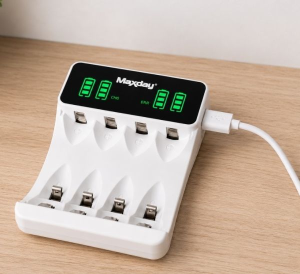 AA un AAA bateriju lādētājs ar USB-C un LCD displeju, 4 sloti (P02056)