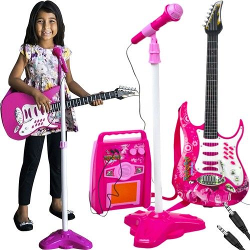 Электрогитара + усилитель + микрофон с подставкой pink P22407