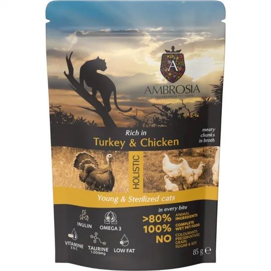 Ambrosia Grain Free Wet Food Cat Kitten & Adult Sterilized Turkey & Chicken - мitrā barība kaķēniem un pieaugušiem sterilizētiem kaķiem ar tītaru un vistu 85g (5214003296024)