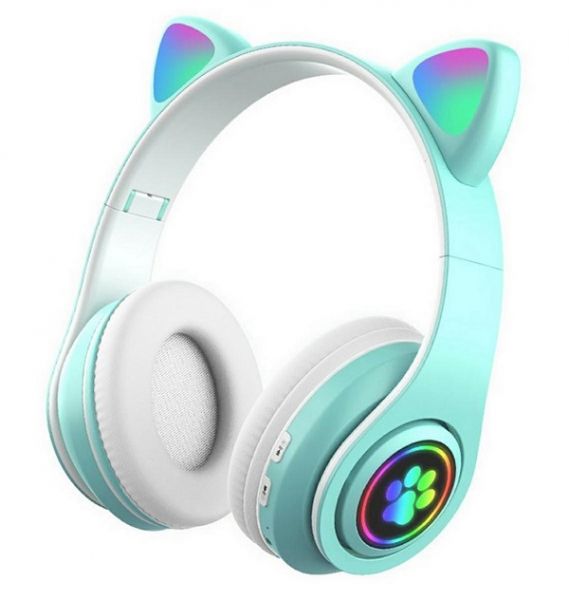 Беспроводные наушники Bluetooth Котик бирюзовые (PZS7D)