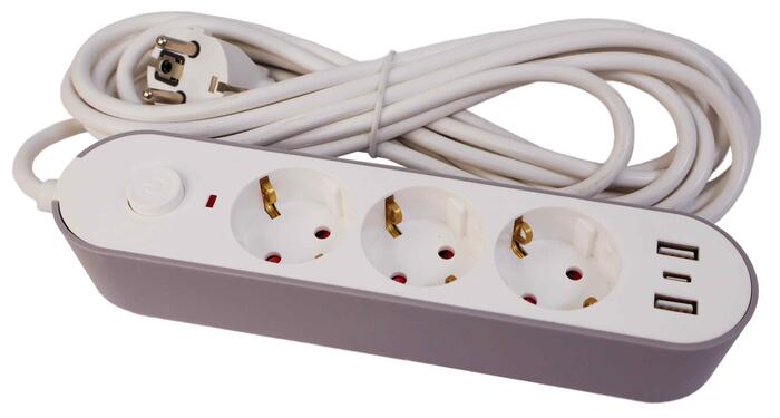 BESK Pagarinātājs 3-vietīgs + 2 USB+Type-C 3m a/z slēdzi (4750959130841)