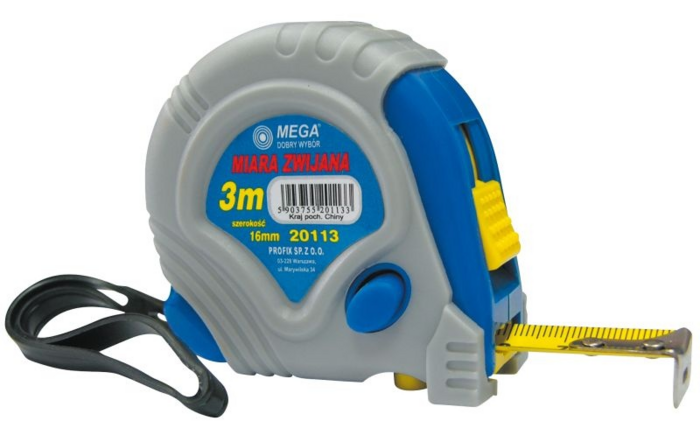 MEGA Mērlente 3mx16mm, gumijas korpusā, II