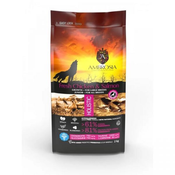 Ambrosia Беззерновой сухой корм для щенков с курицей и лососем Grain Free Growth for Large Breeds Puppy and Junior Fresh Chicken & Salmon 2kg (5214000583660)