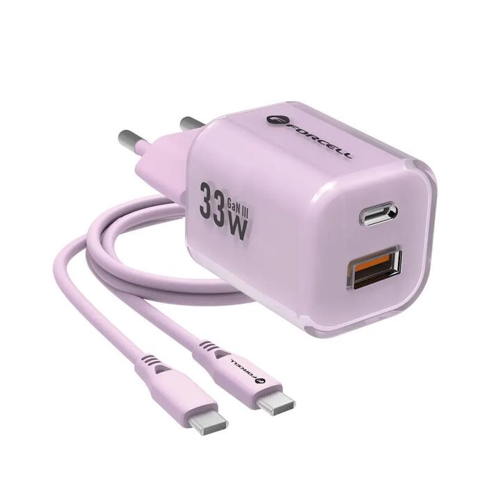 Forcell VT-41 F-Energy GaN III Зарядное устройство USB-C + USB-A QC4.0 PD 33 Вт + кабель USB-C - USB-C Purple (VT-41/PU)