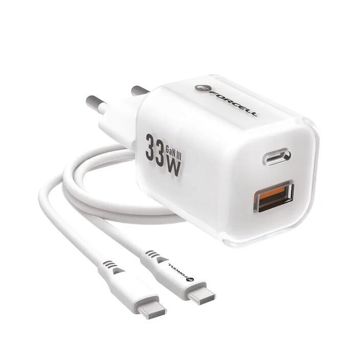 Forcell VT-41 F-Energy GaN III Зарядное устройство USB-C + USB-A QC4.0 PD 33 Вт + кабель USB-C - USB-C White (VT-41/WH)