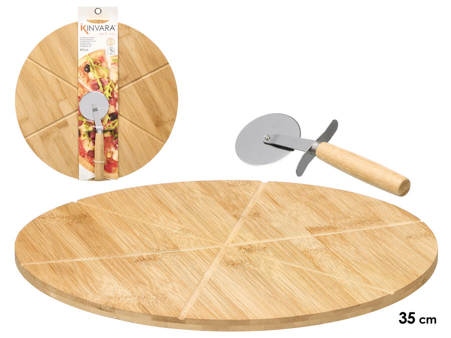 Круглая бамбуковая доска с набором для нарезки пиццы, 3,5 × 38 × 35 см, 13499, KINVARA (13499)
