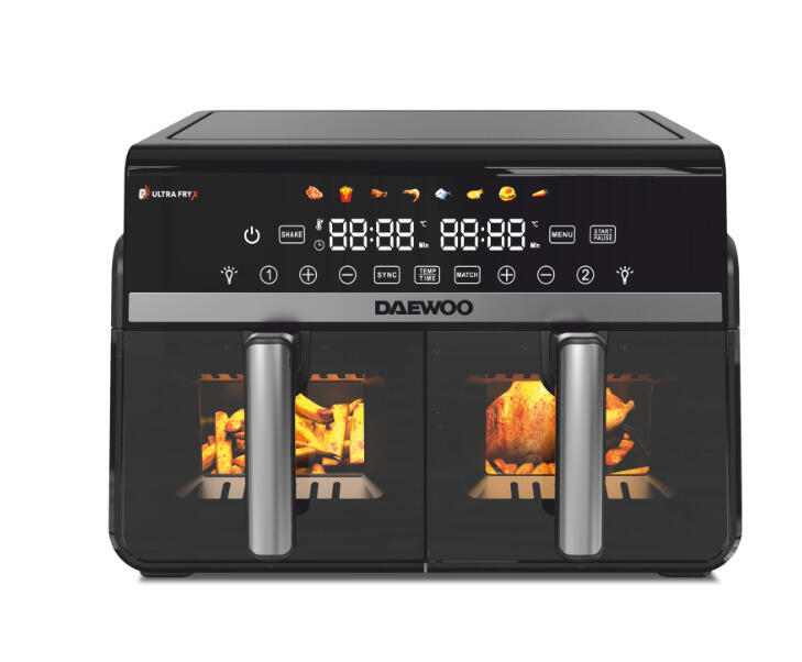 Двухкамерный аэрогриль Daewoo DAF 2X1100 LRB, 1100 Вт + 1100 Вт, LED-дисплей, объём 5 л + 5 л (DAF 2X1100 LRB)