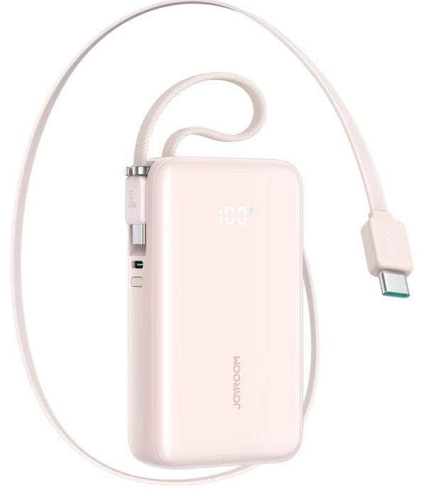 Joyroom JR-PR2L Power Bank with Digital Display, C+U+U, PD 35W, 10000 mAh с встроенным выдвижным кабелем-ремешком 2x Type-C (0.7m) / розовый (JR-PR2CC-PNK)