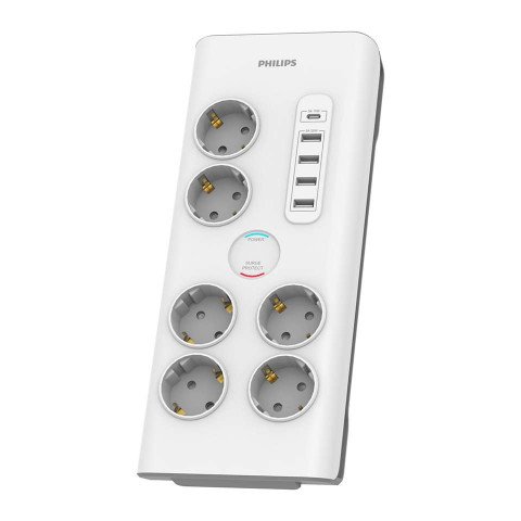 Philips SPN7060WA/58 Pārsprieguma aizsardzības strāvas pagarinātājs 6 Schuko rozetes + 6xUSB-A + 1xUSB-C 2m 16A (SPN7060WA/58)