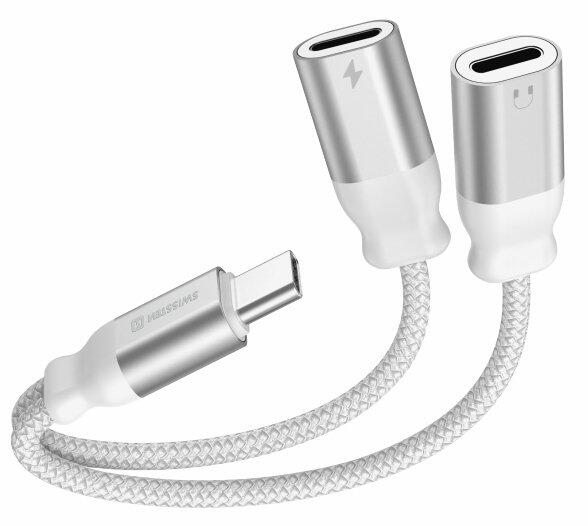 Swissten Textile USB-C Audio Charging Adapteris
