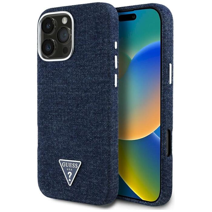 Case Guess Denim Triangle Logo MagSafe Защитный чехол для iPhone 16 Pro / синий (GUHMP16LRJFWTLB)