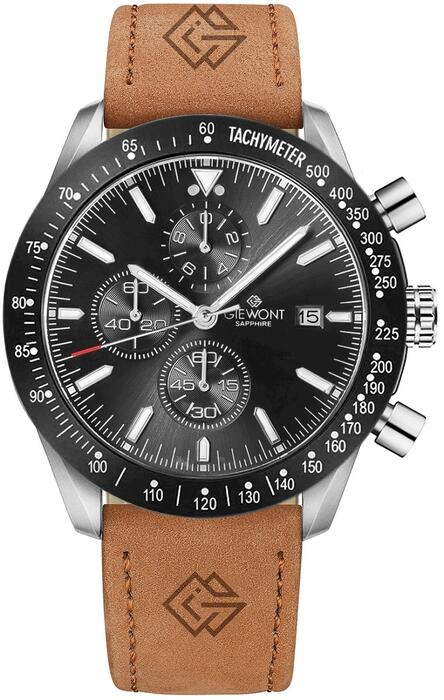 Giewont Chronograph Sapphire Vīriešu Rokas Pulkstenis Brown Black Leather 44mm (GW8720-A1)