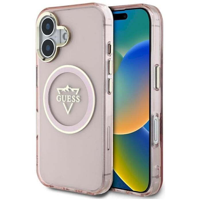 Case Guess IML Metal Mountain Logo MagSafe Защитный чехол для iPhone 16 / розовый (GUHMP16SHFGTMSLSP)