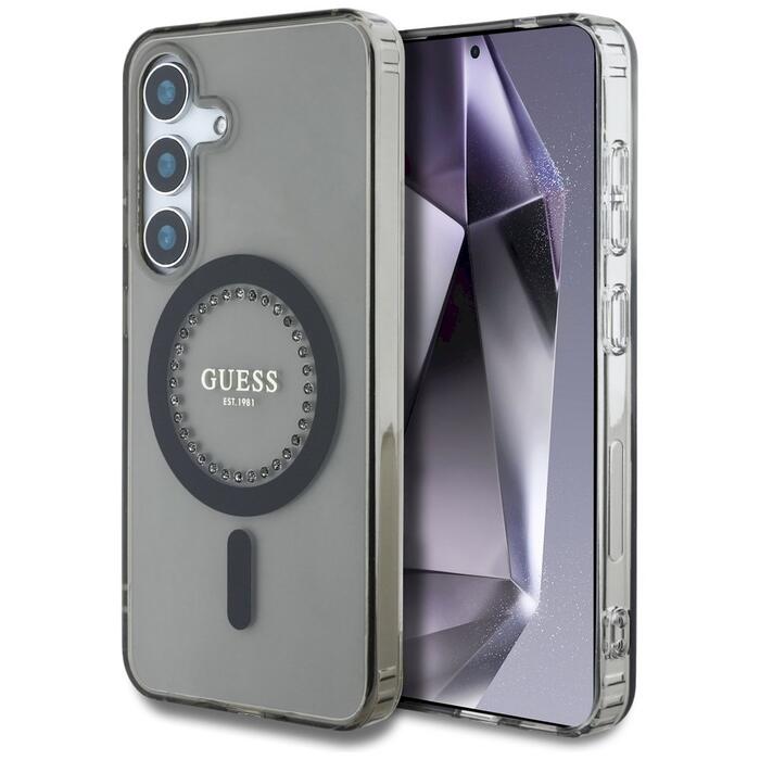 Case Guess Rhinestones Printed Classic Logo MagSafe Защитный чехол для Samsung Galaxy S25 / чёрный (GUHMS25SPFTDTEK)