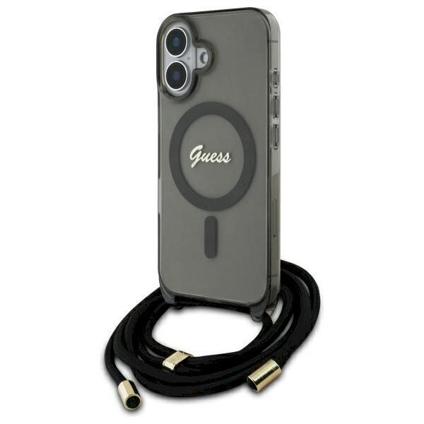 Guess GUHMP16SHCTSGNSK Hardcase Crossbody Cord Script MagSafe Aizsargapvalks priekš iPhone 16 6.1" / melns (GUHMP16SHCTSGNSK)
