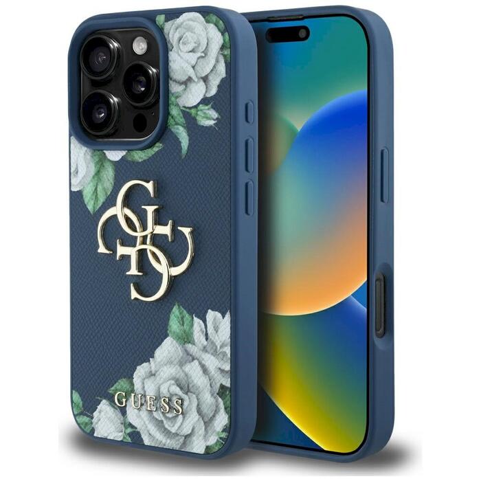 Case Guess Grained Roses Big 4G logo Защитный чехол для iPhone 16 Pro Max / синий (GUHCP16XPGROP4MB)