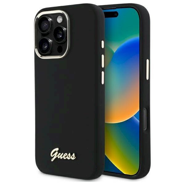 Guess GUHCP16LSMBSLK Silicone Script Metal Logo & Frame Защитный чехол для iPhone 16 Pro 6.3" / чёрный (GUHCP16LSMBSLK)