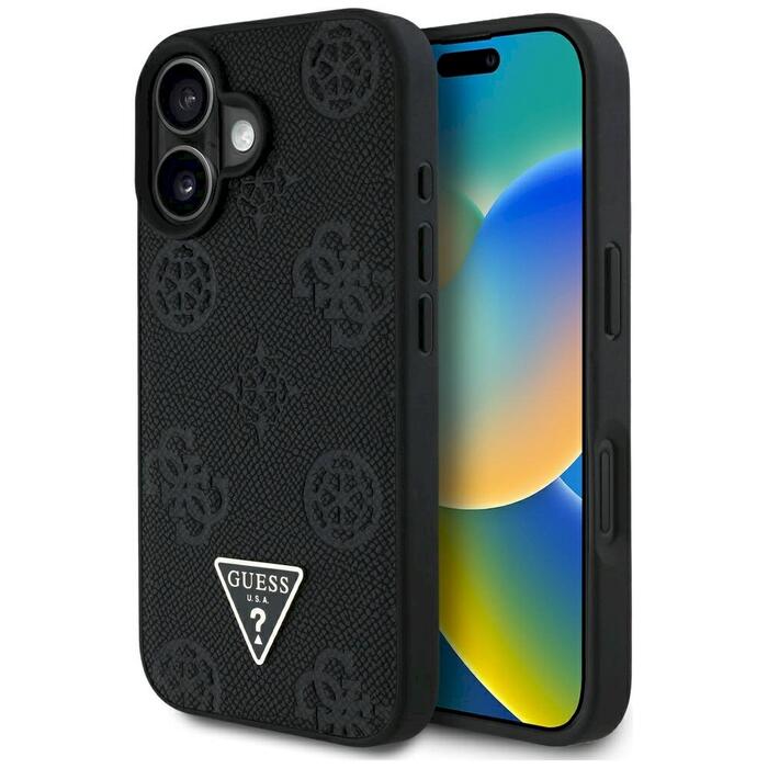 Case Guess Grained Hot Stamp Peony Triangle Logo MagSafe Защитный чехол для iPhone 16 / чёрный (GUHMP16SPGBTMK)