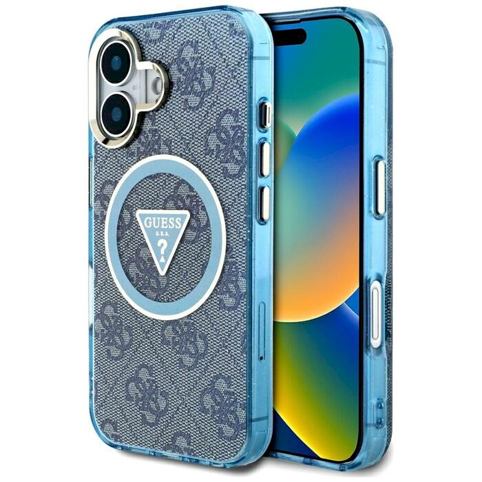 Guess IML Metal Glitter 4G Circle Triangle MagSafe Защитный чехол для iPhone 16 / синий (GUHMP16SHG4PRTGB)