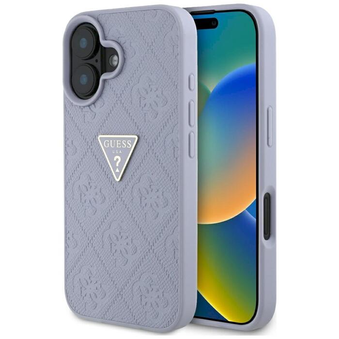 Guess Hot Stamp 4G Pattern Triangle Metal Logo Case Aizsargapvalks priekš iPhone 16 / violets (GUHCP16SPGP4STRU)