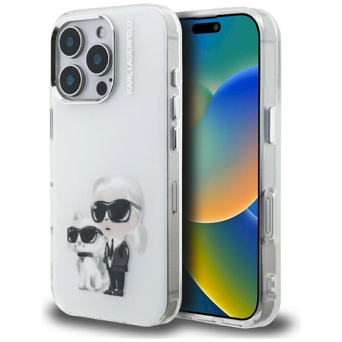 Karl Lagerfeld IML Aquarelle Karl & Choupette & Logo Защитный чехол для iPhone 16 Pro / белый (KLHCP16LHMKCAQH)