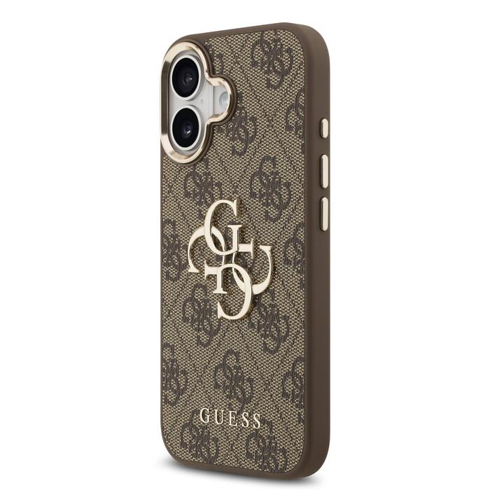 Guess PU Leather 4G Metal Logo Gold Frame Case Защитный чехол для iPhone 17 / коричневый (GUHCP17S4GMGCBR)