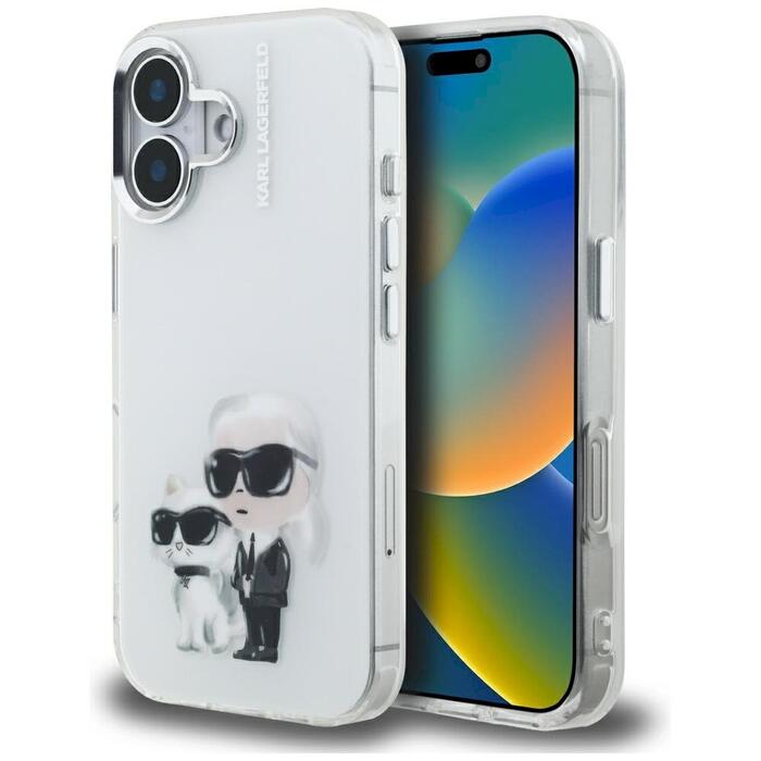 Karl Lagerfeld IML Aquarelle Karl & Choupette & Logo Защитный чехол для iPhone 16 / белый (KLHCP16SHMKCAQH)