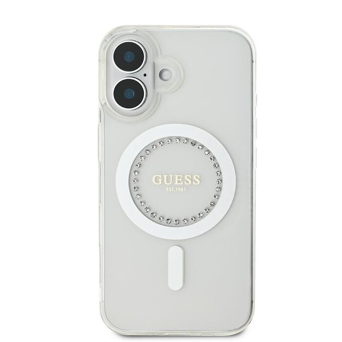 Guess IML Rhinestones Ring MagSafe Case Защитный чехол для iPhone 16 / белый (GUHMP16SPFTDTEH)
