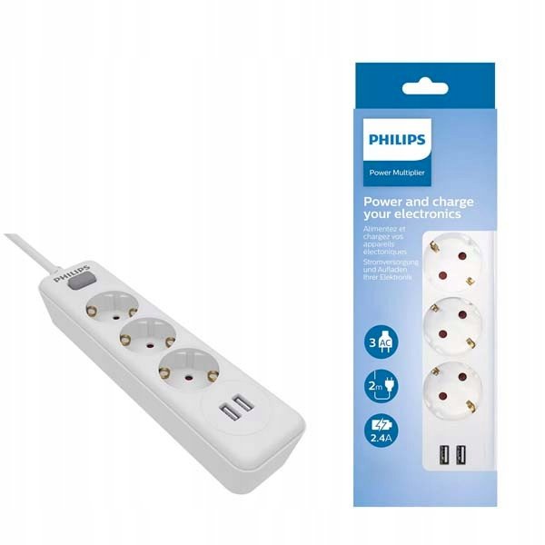 Philips SPN3032WA/60 Kontaktligzdu pagarinātājs 3 rozetes + 2 USB 2m 10A / balts (SPN3032WA/60)