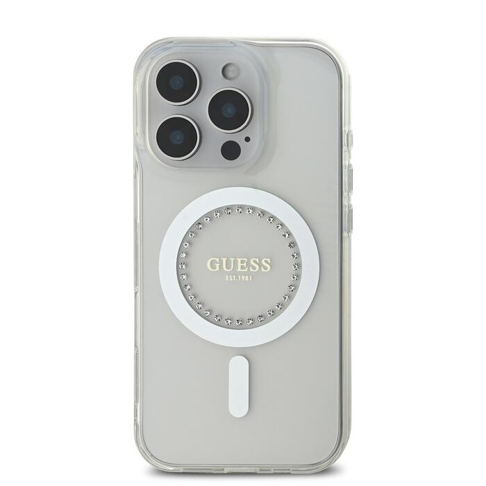 Guess IML Rhinestones Ring MagSafe Case Защитный чехол для iPhone 16 Pro / белый (GUHMP16LPFTDTEH)