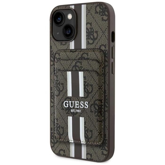 Case Guess 4G Stripes with wallet Magsafe Aizsargapvalks priekš iPhone 15 / brūns (GUBPHCP15SP4RPSW)
