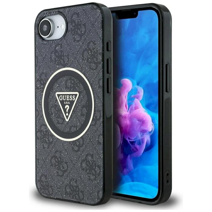 Case Guess IML Metal Glitter 4G Circle Triangle MagSafe Защитный чехол для iPhone 16e / 17e / чёрный (GUHMPSE4HG4PRTGK)