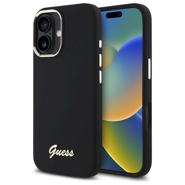 Guess GUHCP16SSMBSLK Silicone Script Metal Logo & Frame Защитный чехол для iPhone 16 6.1" / чёрный (GUHCP16SSMBSLK)