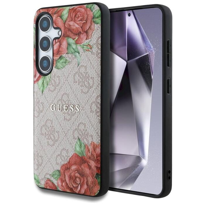 Guess Leather 4G Flowers Print Metal Classic Logo MagSafe Защитный чехол для Samsung Galaxy S25 / розовый (GUHMS25SP4ROPEMCP)