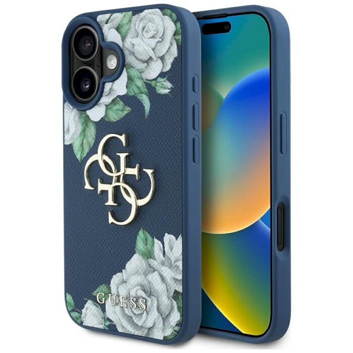 Case Guess Grained Roses Big 4G logo Защитный чехол для iPhone 16 / синий (GUHCP16SPGROP4MB)