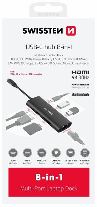 Swissten 8in1 USB-C Hubs Alumīja Centrmezgls