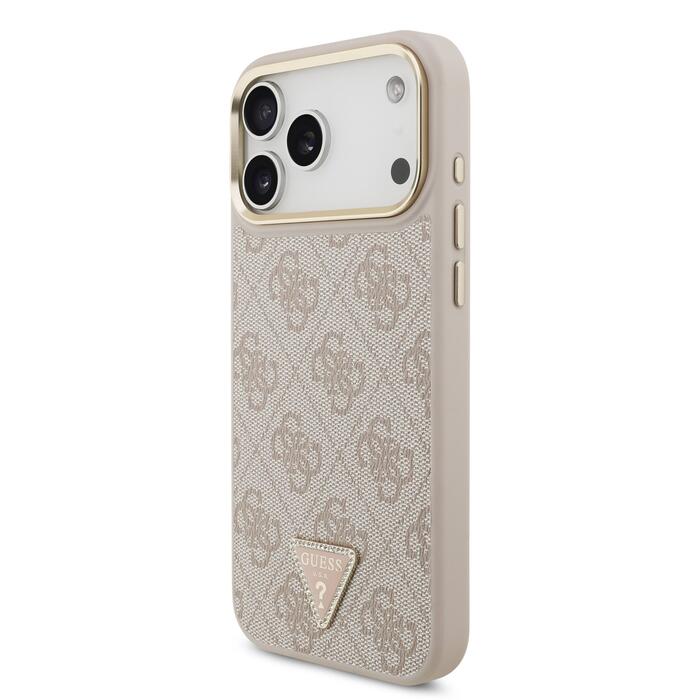 Guess PU Leather 4G Strass Triangle Logo Gold Frame MagSafe Case Защитный чехол для iPhone 17 Pro Max / розовый (GUHMP17XP4GTDGMP)