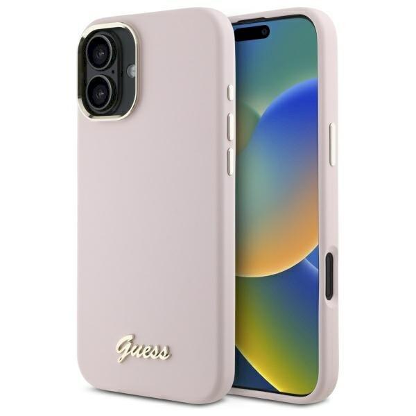 Guess GUHCP16SSMBSLP Silicone Script Metal Logo & Frame Защитный чехол для iPhone 16 6.1" / розовый (GUHCP16SSMBSLP)