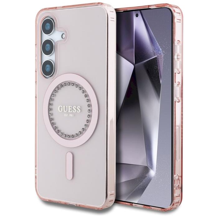 Case Guess Rhinestones Printed Classic Logo MagSafe Защитный чехол для Samsung Galaxy S25 / розовый (GUHMS25SPFTDTEP)
