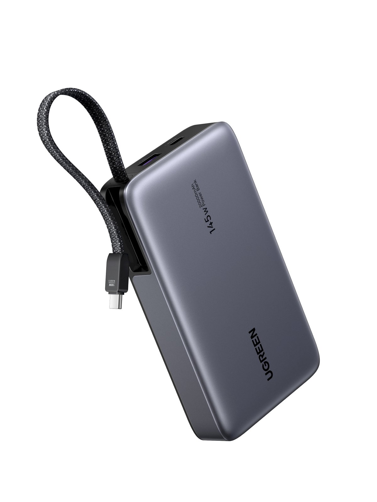 UGREEN 55992B Pārnēsājamā baterija 20000mAh 145W 1C1A ar iebūvētu USB-C kabeli mobilajam telefonam/viedtālrunim, planšetdatoram, klēpjdatoram/netbook / pelēks (UG-55992B)