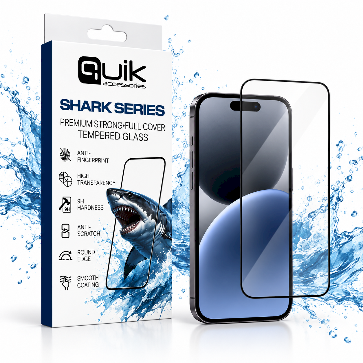 Quik Accessories SHARK Series Premium Strong Full Cover Tempered Glass Aizsargstikls priekš Apple iPhone 15 (QK-SS-TG-IPH-15)