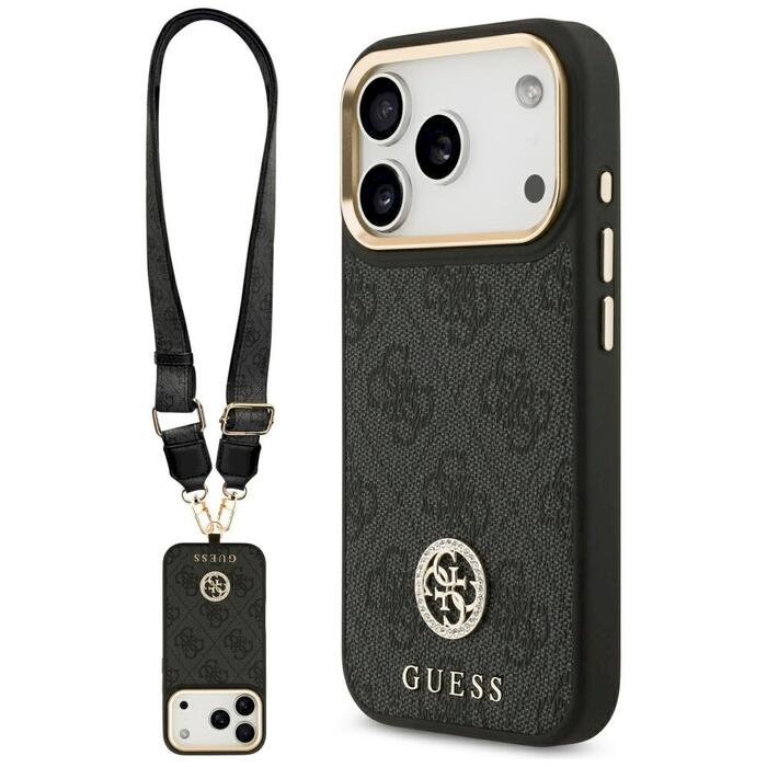 Guess 4G Strass Logo & Big Strap Metal Buttons MagSafe Защитный чехол для iPhone 17 Pro / чёрный (GUHMP17LP4G4DCSK)
