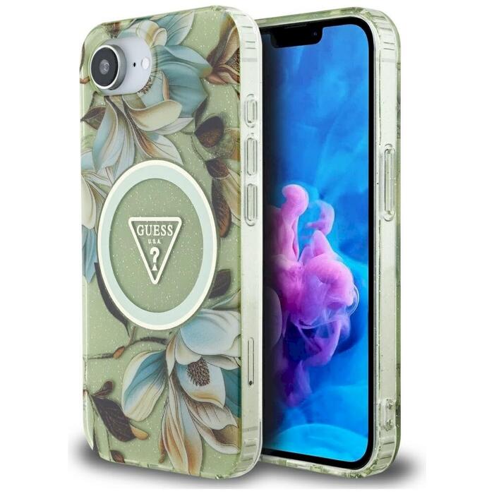 Case Guess IML Metal Glitter Flowers Triangle MagSafe Защитный чехол для iPhone 16e / 17e / зелёный (GUHMPSE4HFLPEDN)