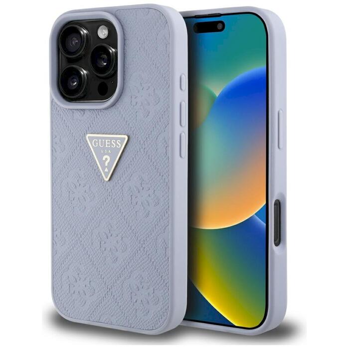 Case Guess Hot Stamp 4G Pattern Triangle Metal Logo Aizsargapvalks priekš iPhone 16 Pro / violets (GUHCP16LPGP4STRU)