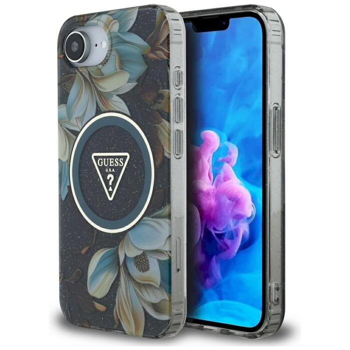Guess IML Metal Glitter Flowers Triangle MagSafe Case Защитный чехол для iPhone 16e/17e / чёрный (GUHMPSE4HFLPEDK)