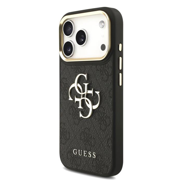 Guess PU Leather 4G Metal Logo Gold Frame Case Защитный чехол для iPhone 17 Pro / чёрный (GUHCP17L4GMGCGR)