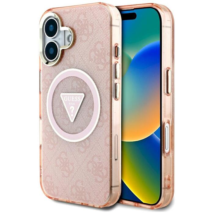 Case Guess IML Metal Glitter 4G Circle Triangle MagSafe Защитный чехол для iPhone 16 / розовый (GUHMP16SHG4PRTGP)