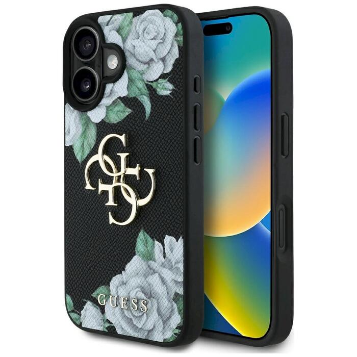 Case Guess Grained Roses Big 4G logo Защитный чехол для iPhone 16 / чёрный (GUHCP16SPGROP4MK)