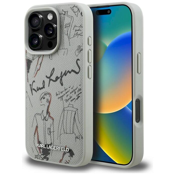 Karl Lagerfeld Grained Pattern & Logo MagSafe Case Защитный чехол для iPhone 16 Pro Max / серый (KLHMP16XPGGRMPKG)