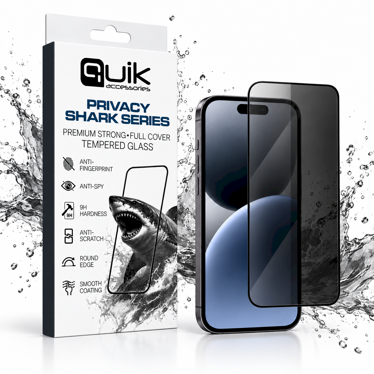 Quik Accessories PRIVACY SHARK Series Premium Strong Full Cover Tempered Glass Aizsargstikls priekš Apple iPhone 17 Pro Max (QK-SSP-TG-IPH-17PRM)